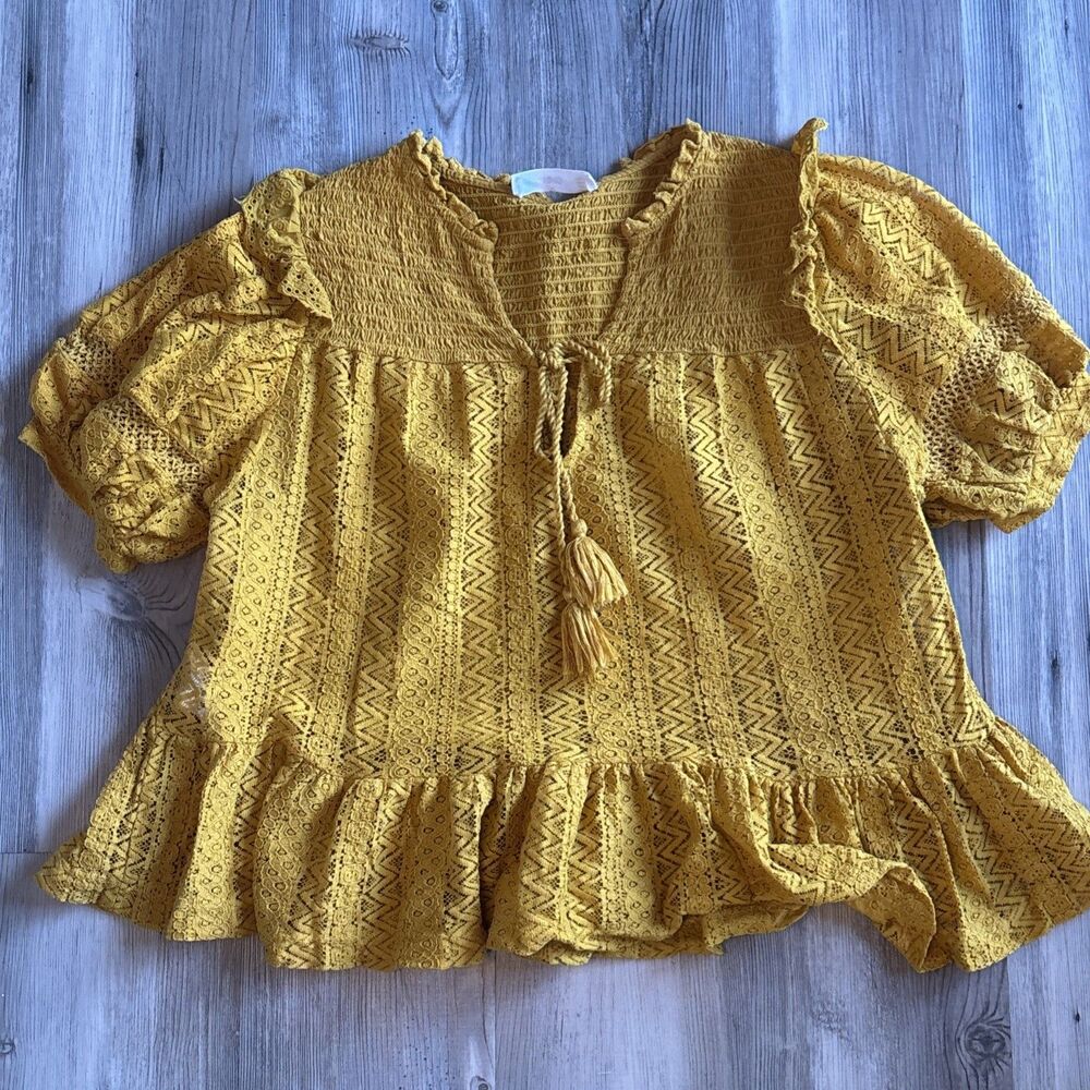 Anthropologie MNG Yellow Eyelet Short Sleeve Cotton Blend Peplum Blouse Size s